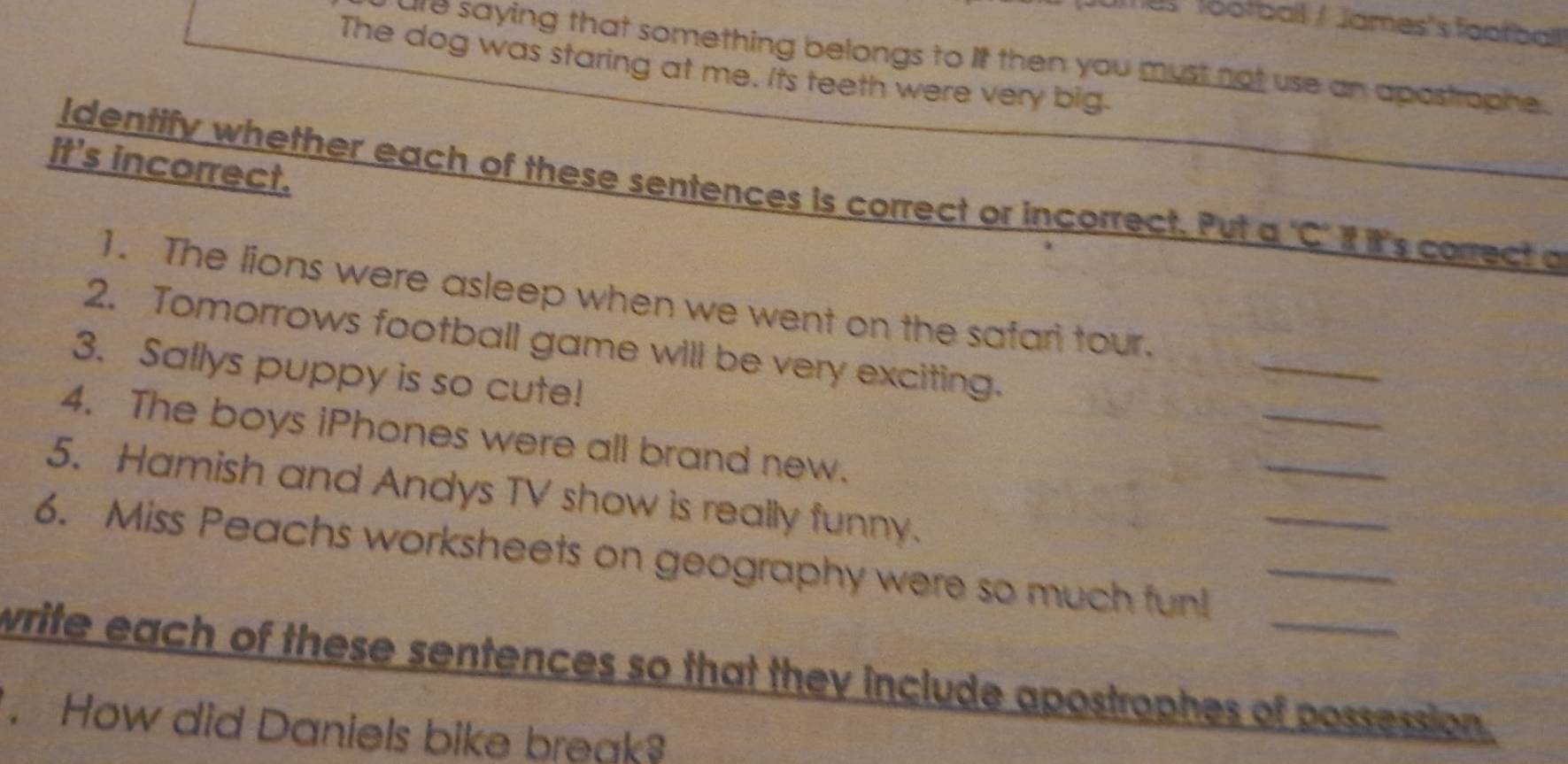 es football / James's football 
ure saying that something belongs to if then you must not use an apostrophe . 
The dog was staring at me. Its teeth were very big. 
it's incorrect. 
Identify whether each of these sentences is correct or incorrect. Put a 'C' it it's correct a 
1. The lions were asleep when we went on the safari tour. 
_ 
2. Tomorrows football game will be very exciting. 
3. Sallys puppy is so cute! 
_ 
4. The boys iPhones were all brand new. 
_ 
5. Hamish and Andys TV show is really funny. 
6. Miss Peachs worksheets on geography were so much fun!__ 
write each of these sentences so that they include apostrophes of possession. 
. How did Daniels bike break?