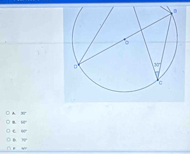 A. 30°
B. 50°
C. 60°
D. 70°
F 90°