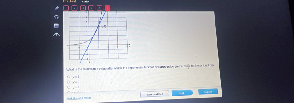 Pre-Test Active
2  ,
What is the minimum y-value after which the exponential function will always be greater than the linear function?
y=1
y=3
y=4
Mark this and retur Save and Exit Next Submit