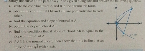 Study the curve of the parabola y^2=4ax given alongside and answer the following questions .
i. write the coordinates of A and B in the parametric form.
ii. obtain the condition if OA and OB are perpendicular to each
other.
iii. find the equation and slope of normal at A.
iv. obtain the slope of chord AB.
v. find the condition that if slope of chord AB is equal to the
slope of normal at A. 
vi. if AB is the normal chord, then show that it is inclined at an
angle of tan^(-1)sqrt(2) withx-axis 1