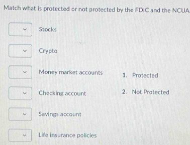 Match what is protected or not protected by the FDIC and the NCUA
Stocks
Crypto
Money market accounts 1. Protected
Checking account 2. Not Protected
Savings account
Life insurance policies