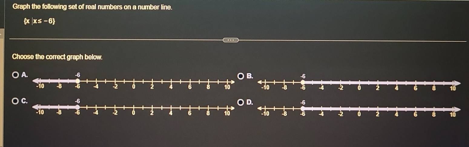 Graph the following set of real numbers on a number line.
x |x≤ -6
Choose the correct graph below.