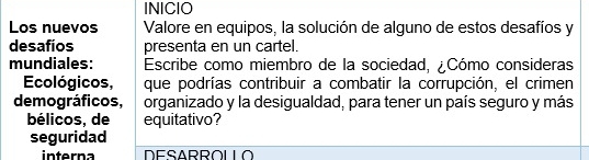 INICIO 
Los nuevos Valore en equipos, la solución de alguno de estos desafíos y 
desafíos presenta en un cartel. 
mundiales: Escribe como miembro de la sociedad, ¿Cómo consideras 
Ecológicos, que podrías contribuir a combatir la corrupción, el crimen 
demográficos, organizado y la desigualdad, para tener un país seguro y más 
bélicos, de equitativo? 
seguridad 
interna