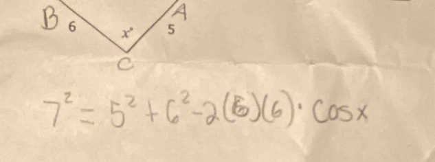 7^2=5^2+6^2-2(5)(6)· cos x