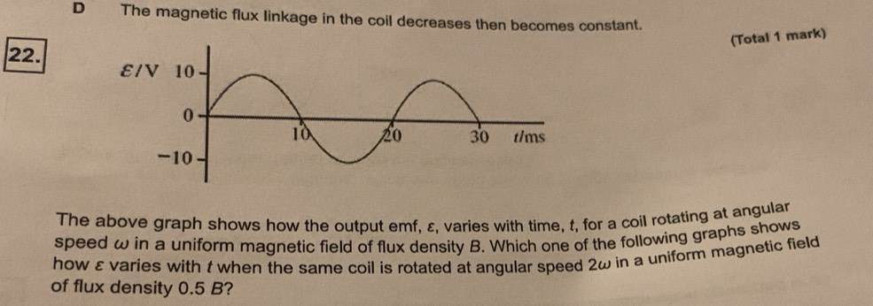 The magnetic flux linkage in the coil decreases then becomes constant.
(Total 1 mark)
22. 
The above graph shows how the output emf, ε, varies with time, t, for a coil rotating at angular
speed ω in a uniform magnetic field of flux density B. Which one of the following graphs shows
how ε varies with t when the same coil is rotated at angular speed 2ω in a uniform magnetic field
of flux density 0.5 B?