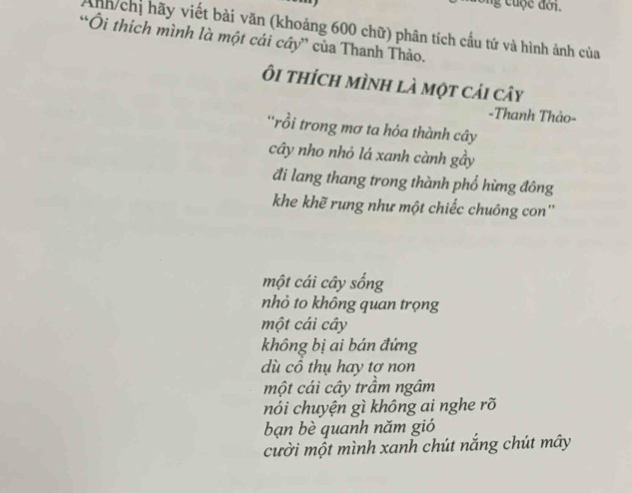 ông cuộc đời. 
Anh/chị hãy viết bài văn (khoảng 600 chữ) phân tích cấu tứ và hình ảnh của 
“Ôi thích mình là một cái cây” của Thanh Thảo. 
Ôi thích mình là một cải cây 
-Thanh Thảo- 
'rồi trong mơ ta hóa thành cây 
cây nho nhỏ lá xanh cành gầy 
đi lang thang trong thành phố hừng đông 
khe khẽ rung như một chiếc chuông con'' 
một cái cây sống 
nhỏ to không quan trọng 
một cái cây 
không bị ai bán đứng 
dù cô thụ hay tợ non 
một cái cây trấm ngâm 
hói chuyện gì không ai nghe rõ 
bạn bè quanh năm gió 
cười một mình xanh chút nắng chút mây