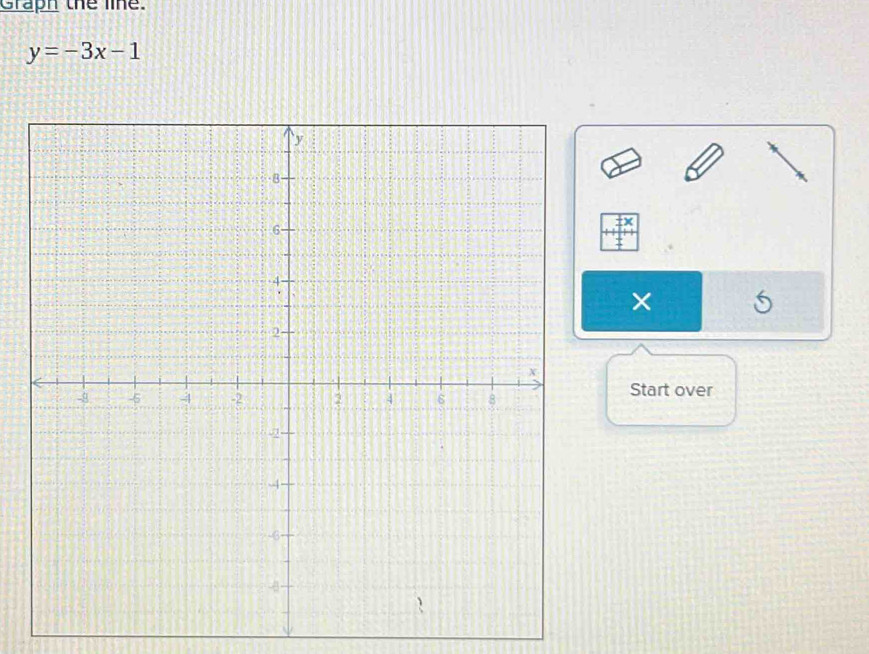 Graph the line.
y=-3x-1
× 
Start over