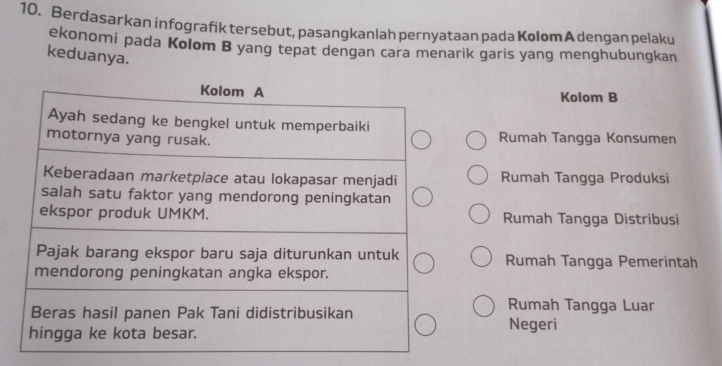 Berdasarkan infografik tersebut, pasangkanlah pernyataan pada Kolom A dengan pelaku
ekonomi pada Kolom B yang tepat dengan cara menarik garis yang menghubungkan
keduanya.
Kolom B
Rumah Tangga Konsumen
Rumah Tangga Produksi
Rumah Tangga Distribusi
Rumah Tangga Pemerintah
Rumah Tangga Luar
Negeri