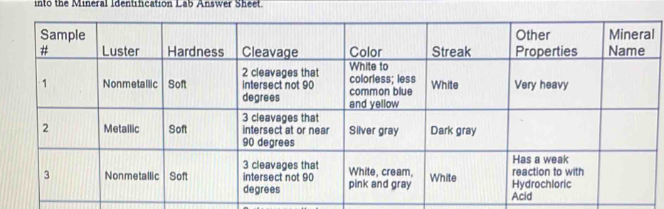 into the Mineral Identification Lab Answer Sheet. 
l