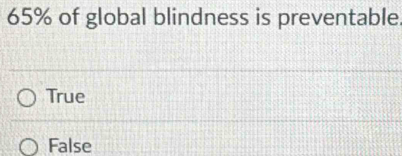 65% of global blindness is preventable.
True
False