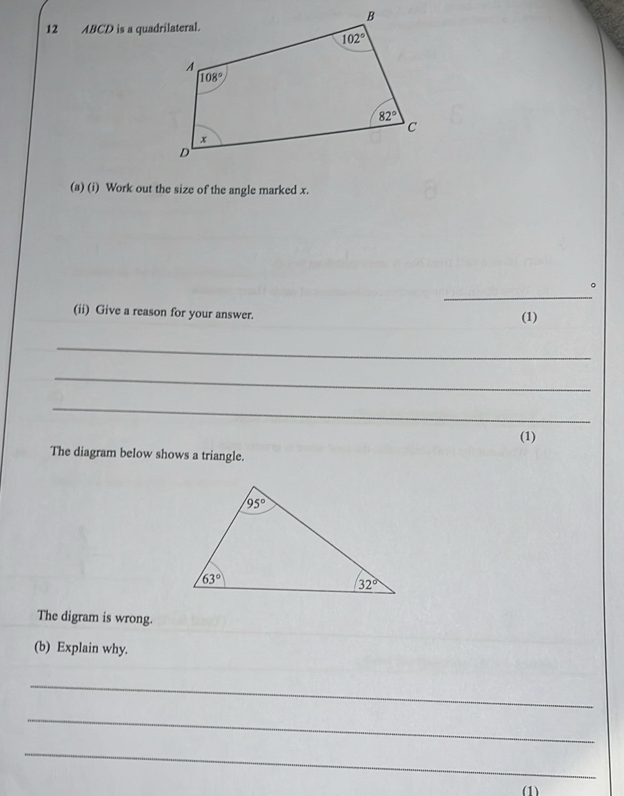 Solved: ABCD is a quadrilateral. (a) (i) Work out the size of the angle ...