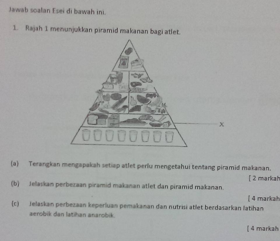 Jawab soalan Esei di bawah ini. 
1. Rajah 1 menunjukkan piramid makanan bagi atlet. 
(a) Terangkan mengapakah setiap atlet perlu mengetahui tentang piramid makanan. 
[ 2 markah 
(b) Jelaskan perbezaan piramid makanan atlet dan piramid makanan. 
[ 4 markah 
(c) Jelaskan perbezaan keperluan pemakanan dan nutrisi atlet berdasarkan latihan 
aerobik dan latihan anarobik. 
[ 4 markah