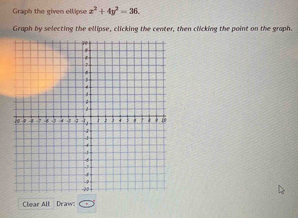 Graph the given ellipse x^2+4y^2=36. 
Graph by selecting the ellipse, clicking the center, then clicking the point on the graph. 
Clear All Draw: