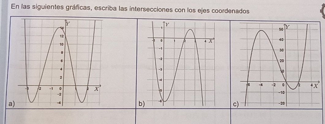 En las siguientes gráficas, escriba las intersecciones con los ejes coordenados 
a 
b)