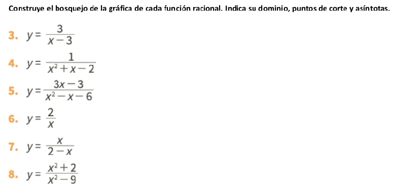 Construye el bosquejo de la gráfica de cada función racional. Indica su dominio, puntos de corte y asíntotas. 
3. y= 3/x-3 
4. y= 1/x^2+x-2 
5. y= (3x-3)/x^2-x-6 
6. y= 2/x 
7. y= x/2-x 
8. y= (x^2+2)/x^2-9 