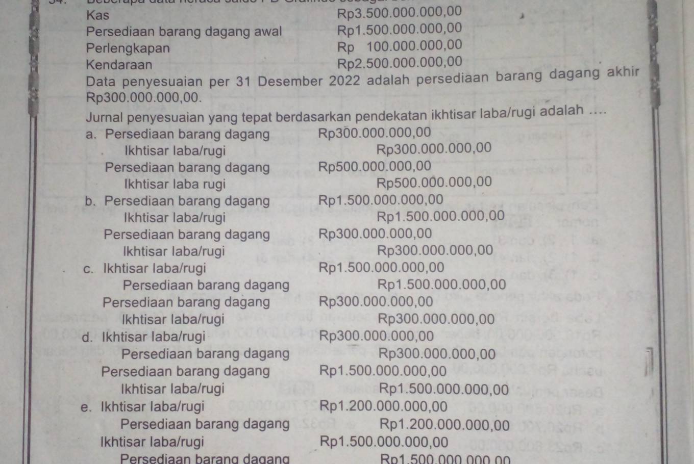 Kas Rp3.500.000.000,00
Persediaan barang dagang awal Rp1.500.000.000,00
Perlengkapan Rp 100.000.000,00
Kendaraan Rp2.500.000.000,00
Data penyesuaian per 31 Desember 2022 adalah persediaan barang dagang akhir
Rp300.000.000,00.
Jurnal penyesuaian yang tepat berdasarkan pendekatan ikhtisar laba/rugi adalah ....
a. Persediaan barang dagang Rp300.000.000,00
Ikhtisar laba/rugi Rp300.000.000,00
Persediaan barang dagang Rp500.000.000,00
Ikhtisar laba rugi Rp500.000.000,00
b. Persediaan barang dagang Rp1.500.000.000,00
Ikhtisar laba/rugi Rp1.500.000.000,00
Persediaan barang dagang Rp300.000.000,00
Ikhtisar laba/rugi Rp300.000.000,00
c. Ikhtisar laba/rugi Rp1.500.000.000,00
Persediaan barang dagang Rp1.500.000.000,00
Persediaan barang dagang Rp300.000.000,00
Ikhtisar laba/rugi Rp300.000.000,00
d. Ikhtisar laba/rugi Rp300.000.000,00
Persediaan barang dagang Rp300.000.000,00
Persediaan barang dagang Rp1.500.000.000,00
Ikhtisar laba/rugi Rp1.500.000.000,00
e. Ikhtisar laba/rugi Rp1.200.000.000,00
Persediaan barang dagang Rp1.200.000.000,00
Ikhtisar laba/rugi Rp1.500.000.000,00
Persediaan barang dagan Rp1 500 000 000 00