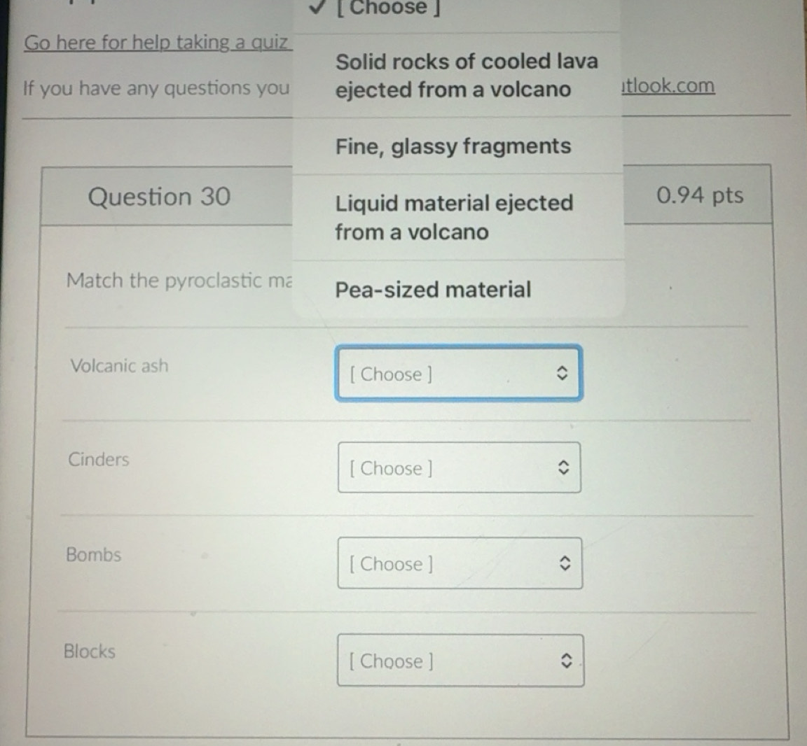 Solved: Choose ] Go here for help taking a quiz Solid rocks of cooled ...