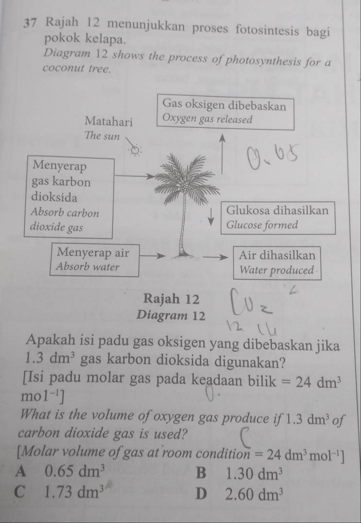 Rajah 12 menunjukkan proses fotosintesis bagi
pokok kelapa.
Diagram 12 shows the process of photosynthesis for a
coconut tree.
Rajah 12
Diagram 12
Apakah isi padu gas oksigen yang dibebaskan jika
1.3dm^3 gas karbon dioksida digunakan?
[Isi padu molar gas pada keadaan bilik =24dm^3
mo 1^(-1)]
What is the volume of oxygen gas produce if 1.3dm^3 of
carbon dioxide gas is used?
[Molar volume of gas at room condition =24dm^3mol^(-1)]
A 0.65dm^3
B 1.30dm^3
C 1.73dm^3
D 2.60dm^3