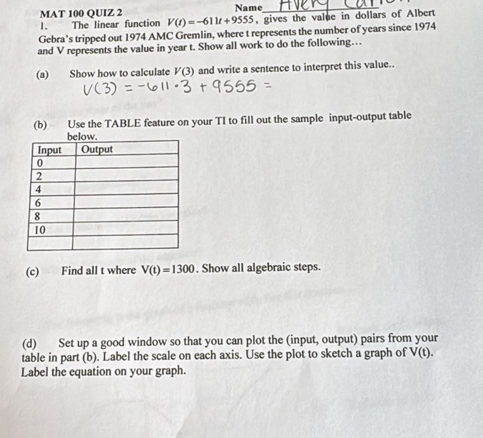 Solved: MAT 100 QUIZ 2 Name_ 1. The linear function V(t)=-611t+9555 ...