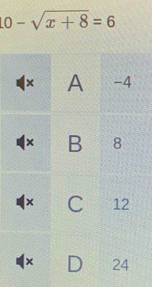 10-sqrt(x+8)=6