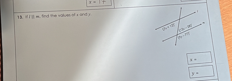 x=
13. f l||m , find the values of x and y.
x=
y=