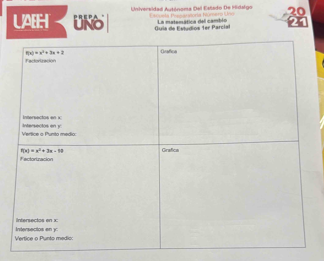 Universidad Autónoma Del Estado De Hidalgo
PREPA Escuela Preparatoria Número Uno
UAEH UNO
La matemática del cambio
21
Guía de Estudios 1er Parcial