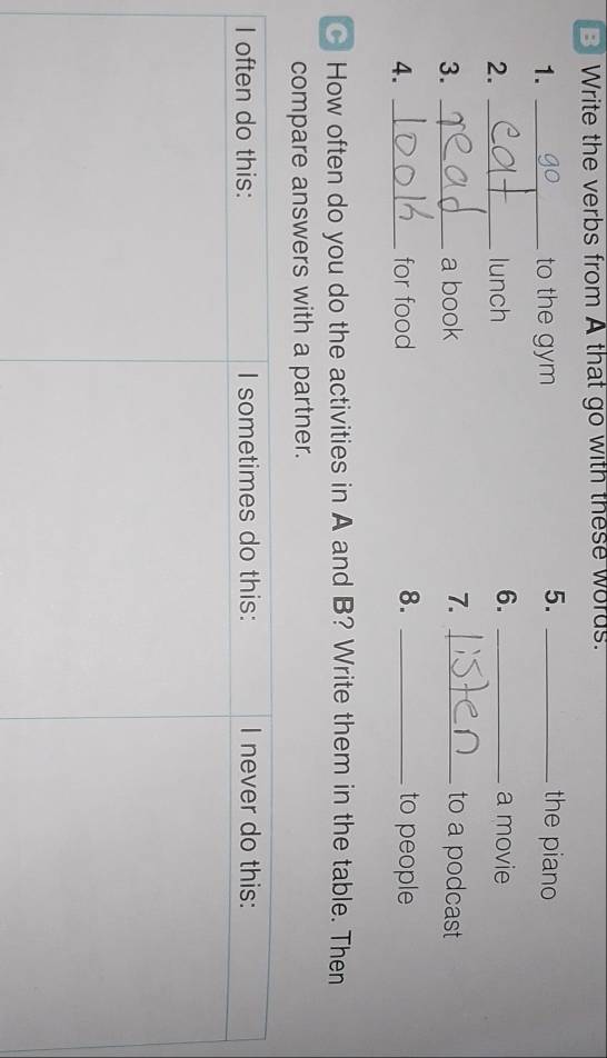 Write the verbs from A that go with these words. 
5. 
1. _to the gym _the piano 
6. 
2. _lunch _a movie 
7. 
3. _a book _to a podcast 
4. _for food 8. _to people 
How often do you do the activities in A and B? Write them in the table. Then 
compare answers with a partner.