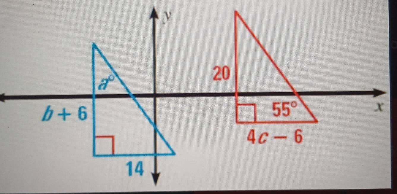 y
a°
20
b+6
55°
x
4c-6
14