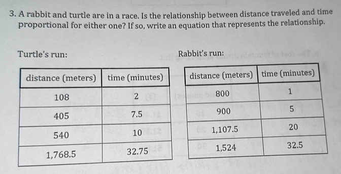 A rabbit and turtle are in a race. Is the relationship between distance traveled and time 
proportional for either one? If so, write an equation that represents the relationship. 
Turtle’s run: Rabbit's run: