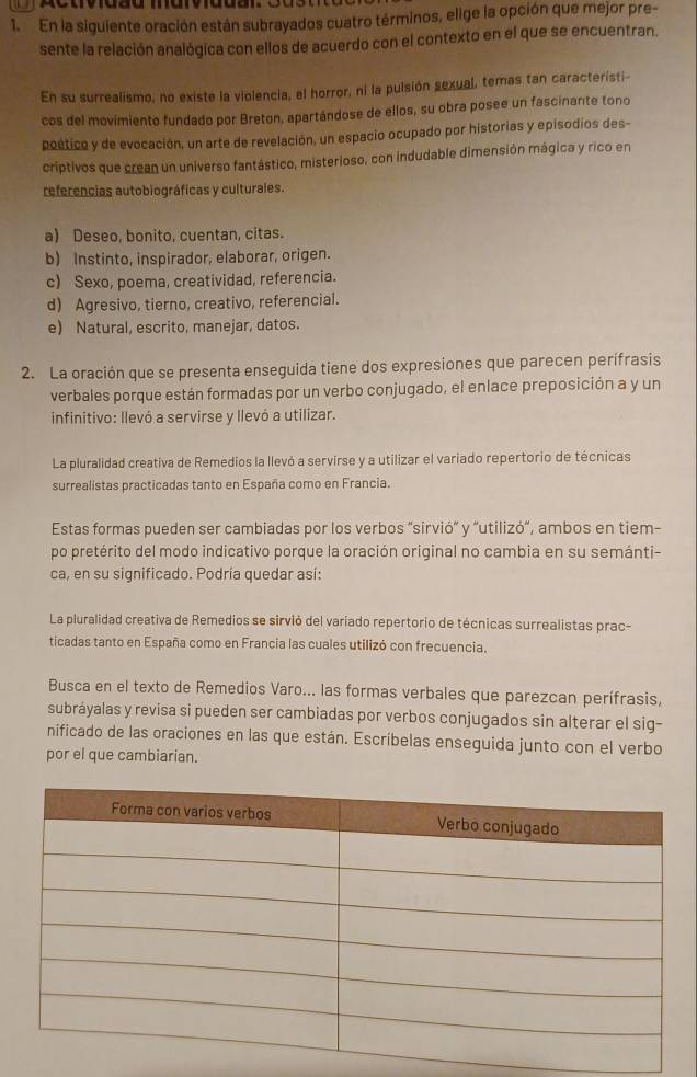 En la siguiente oración están subrayados cuatro términos, elige la opción que mejor pre-
sente la relación analógica con ellos de acuerdo con el contexto en el que se encuentran.
En su surrealismo, no existe la violencia, el horror, ni la pulsión sexual, temas tan caracteristi-
cos del movimiento fundado por Breton, apartándose de ellos, su obra posee un fascinante tono
poético y de evocación, un arte de revelación, un espacio ocupado por historias y epísodios des-
criptivos que crean un universo fantástico, misterioso, con indudable dimensión mágica y rico en
referencias autobiográficas y culturales.
a) Deseo, bonito, cuentan, citas.
b) Instinto, inspirador, elaborar, origen.
c) Sexo, poema, creatividad, referencia.
d) Agresivo, tierno, creativo, referencial.
e) Natural, escrito, manejar, datos.
2. La oración que se presenta enseguida tiene dos expresiones que parecen perífrasis
verbales porque están formadas por un verbo conjugado, el enlace preposición a y un
infinitivo: llevó a servirse y llevó a utilizar.
La pluralidad creativa de Remedios la llevó a servirse y a utilizar el variado repertorio de técnicas
surrealistas practicadas tanto en España como en Francia.
Estas formas pueden ser cambiadas por los verbos "sirvió” y "utilizó”, ambos en tiem-
po pretérito del modo indicativo porque la oración original no cambia en su semánti-
ca, en su significado. Podría quedar así:
La pluralidad creativa de Remedios se sirvió del variado repertorio de técnicas surrealistas prac-
ticadas tanto en España como en Francia las cuales utilizó con frecuencia.
Busca en el texto de Remedios Varo... las formas verbales que parezcan perífrasis,
subráyalas y revisa si pueden ser cambiadas por verbos conjugados sin alterar el sig-
nificado de las oraciones en las que están. Escríbelas enseguida junto con el verbo
por el que cambiarian.