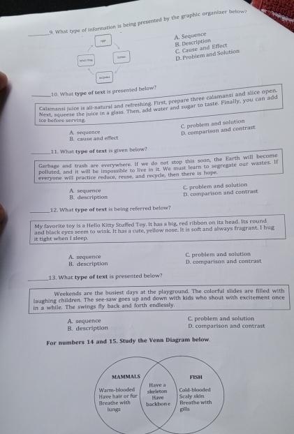 What type of information is being presented by the graphic organizer below?
1 A. Sequence
harves B. Description
D. Problem and Solution C. Cause and Effect
ha/lpudoa
10. What type of text is presented below?
_Calamansi juice is all-natural and refreshing. First, prepare three calamansi and slice open.
Next, squeeze the juice in a glass. Then, add water and sugar to taste. Finally, you can add
ice before serving
D. comparison and contrast C. problem and solution
A. sequence B. cause and effect
_11. What type of text is given below?
Garbage and trash are everywhere. If we do not stop this soon, the Earth will become
polluted, and it will be impossible to live in it. We must learn to segregate our wastes. If
everyone will practice reduce, reuse, and recycle, then there is hope
C. problem and solution
D. comparison and contrast
B. description A. sequence
_
12. What type of text is being referred below?
My favorite toy is a Hello Kitty Stuffed Toy. It has a big, red ribbon on its head. Its round
it tight when I sleep. and black eyes seem to wink. It has a cute, yellow nose. It is soft and always fragrant. I hug
B. description A. sequence
C. problem and solution
D. comparison and contrast
_13. What type of text is presented below?
Weekends are the busiest days at the playground. The colorful slides are filled with
laughing children. The see-saw goes up and down with kids who shout with excitement once
in a while. The swings fly back and forth endlessly.
C. problem and solution
A. sequence D. comparison and contrast
B. description
For numbers 14 and 15. Study the Venn Diagram below.