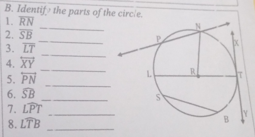 Identify the parts of the circle. 
_ 
1. overline RN
_ 
2. overline SB
3. overline LT
4. overleftrightarrow XY
_ 
5. overleftrightarrow PN _ 
_ 
6. widehat SB _ 
7. widehat LPT _ 
8. widehat LTB