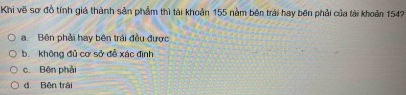 Khi vẽ sơ đồ tính giá thành sản phẩm thì tài khoản 155 nằm bên trái hay bên phải của tài khoản 154?
a. Bên phải hay bên trái đều được
b. không đủ cơ sở đễ xác định
c. Bên phải
d. Bên trái