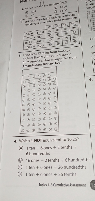 Name
. Which is 7 and five hundredths? 0.72 H
© 7.500 shade
7.5 lengti
A 7.05 ⑰ 7,500
e value of each expression by
nearest ten.
Set
CO
3. Trina lives 42 miles from Aman
Richard lives 9 times this distance Th
from Amanda. How many miles from
oes Richard live?
6.
4. Which is NOT equivalent to 16.26?
A 1ten+6ones+2tenths+
6 hundredths
B 16ones+2tenths+6hundredths
1ten+6ones+26hundredths
D 1ten+6ones+26tenths
Topics 1-3 Cumulative Assessment 1