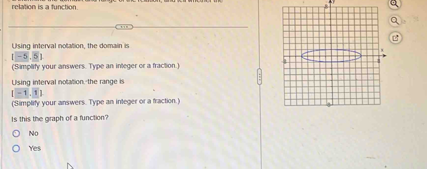 relation is a function.
Using interval notation, the domain is
[-5,5]. 
(Simplify your answers. Type an integer or a fraction.)
Using interval notation, the range is
[-1,1]. 
(Simplify your answers. Type an integer or a fraction.)
Is this the graph of a function?
No
Yes