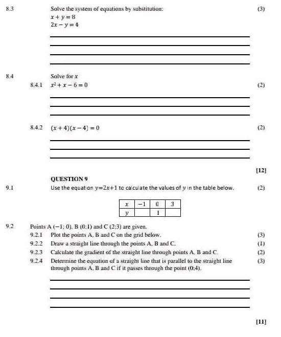 8.3 Solve the system of equations by substitution: (3)
x+y=8
2x-y=4
_ 
_ 
_ 
_ 
8.4 Solve for x
8.4.1 x^2+x-6=0 (2) 
_ 
_ 
_ 
8.4.2 (x+4)(x-4)=0 (2) 
_ 
_ 
_ 
[12] 
QUESTION 9 
9.1 Use the equation y=2x+1 to calculate the values of y in the table below. (2) 
9.2 Points A(-1;0). B(0;1) and C(2:3) are given. 
9.2.1 Plot the points A, B and C on the grid below. (3) 
9.2.2 Draw a straight line through the points A, B and C. (1) 
9.2.3 Calculate the gradient of the straight line through points A. B and C. (2) 
9.2.4 Determine the equation of a straight line that is parallel to the straight line (3) 
through points A. B and C if it passes through the point (0:4). 
_ 
_ 
_ 
_ 
[1]
