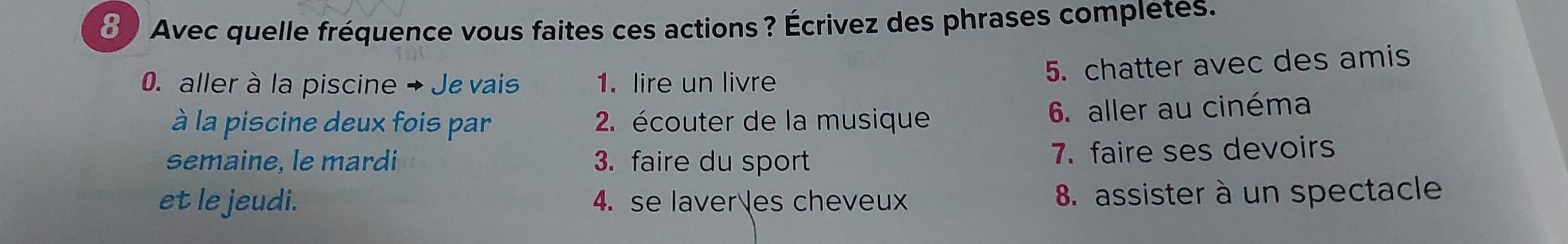 3 ) Avec quelle fréquence vous faites ces actions ? Écrivez des phrases completes. 
0. aller à la piscine → Je vais 1. lire un livre 
5. chatter avec des amis 
à la piscine deux fois par 2. écouter de la musique 6. aller au cinéma 
semaine, le mardi 3. faire du sport 7. faire ses devoirs 
et le jeudi. 4. se laver es cheveux 8. assister à un spectacle