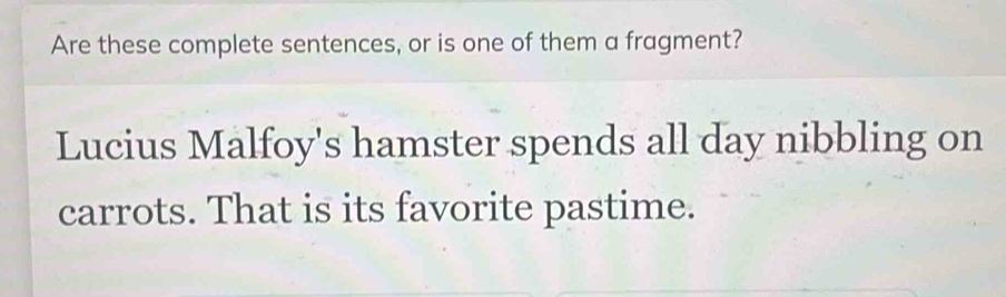 Are these complete sentences, or is one of them a fragment? 
Lucius Malfoy's hamster spends all day nibbling on 
carrots. That is its favorite pastime.