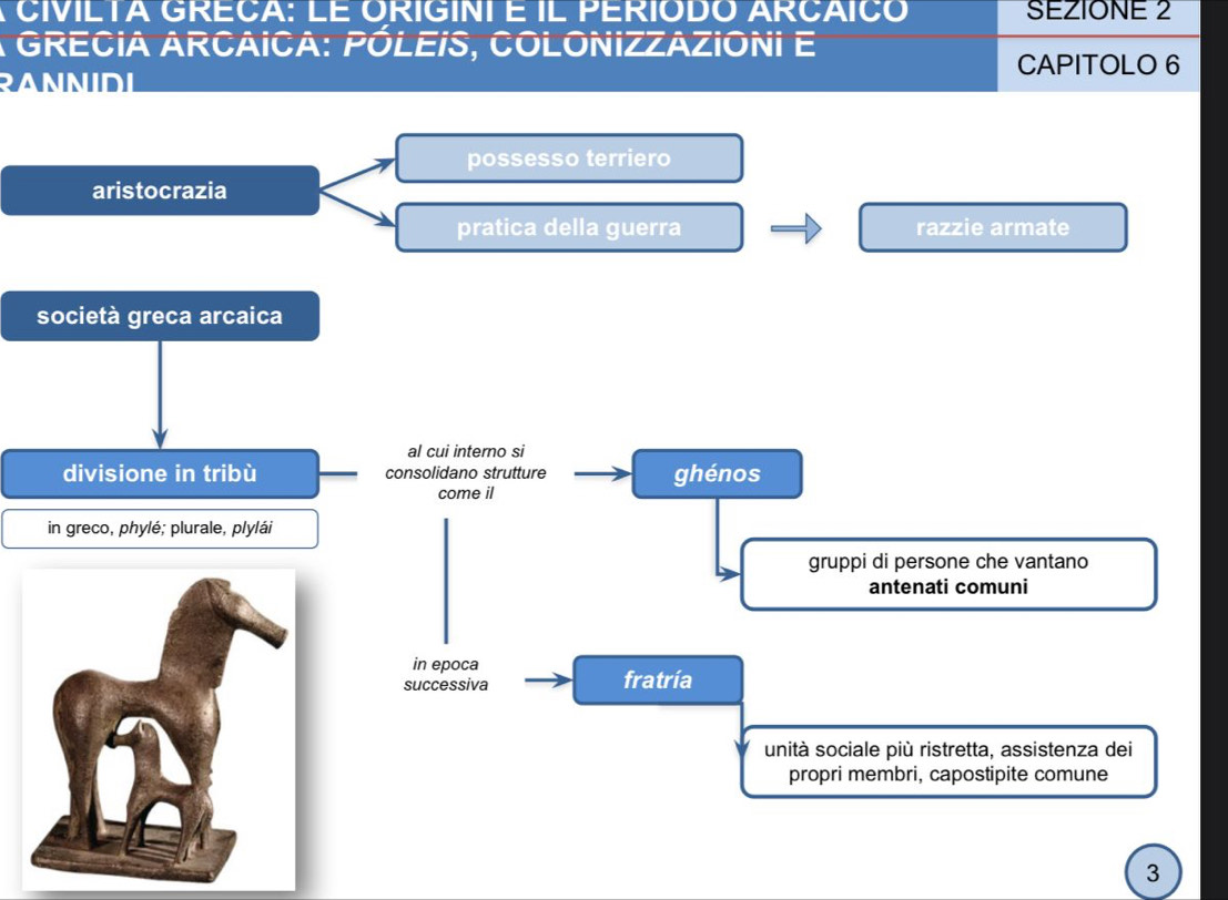 A CIVILTA GRECA: LE ORIGINIÉ IL PERIODO ARCAICO SEZIONE 2
* GReCia ARcaica: PóLe/S, COlONizzAzioni e
CAPITOLO 6
RANNIDL
possesso terriero
aristocrazia
pratica della guerra razzie armate
società greca arcaica
al cui interno si
divisione in tribù consolidano strutture ghénos
come il
in greco, phylé; plurale, plylái
gruppi di persone che vantano
antenati comuni
in epoca
successiva fratría
unità sociale più ristretta, assistenza dei
propri membri, capostipite comune
3