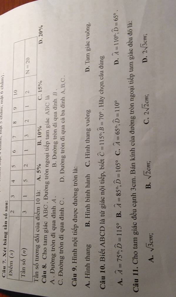 âm: mật 5 châm; mật 6 châm).
Câu 7. Xét băng tần s
B. 10% C. 15% D. 20%
Câu 8. Cho tam giác ABC . Đường tròn ngoại tiếp tam giác ABC là
A . Đường tròn đi qua đỉnh A . B. Đường tròn đi qua đỉnh B .
C. Đường tròn đi qua đỉnh C . D. Đường tròn đi qua cả ba đỉnh A, B,C .
Câu 9. Hình nội tiếp được đường tròn là:
A. Hình thang B. Hình bình hành C. Hình thang vuông D. Tam giác vuông.
Câu 10. Biết ABCD là tứ giác nội tiếp, biết hat C=115°;widehat B=70°. Hãy chọn câu đúng
D.
A. widehat A=75°;widehat D=115° B. widehat A=85°;widehat D=105° C. widehat A=65°;widehat D=110° widehat A=110°;widehat D=65°.
Câu 11. Cho tam giác đều cạnh 3cm. Bán kính của đường tròn ngoại tiếp tam giác đều đó là:
A. sqrt(3)cm
B. sqrt(2)cm; C. 2sqrt(2)cm; D. 2sqrt(3)cm;