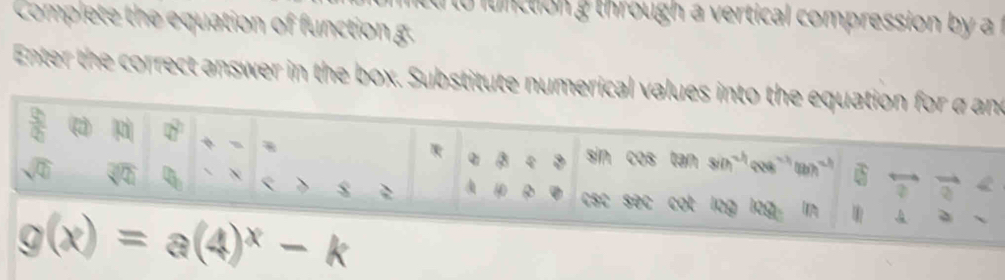 Complete the equation of function g.  ncti   through a vertical compressio  b  
Enter the correct answer in the box. Substitute numerical values into d