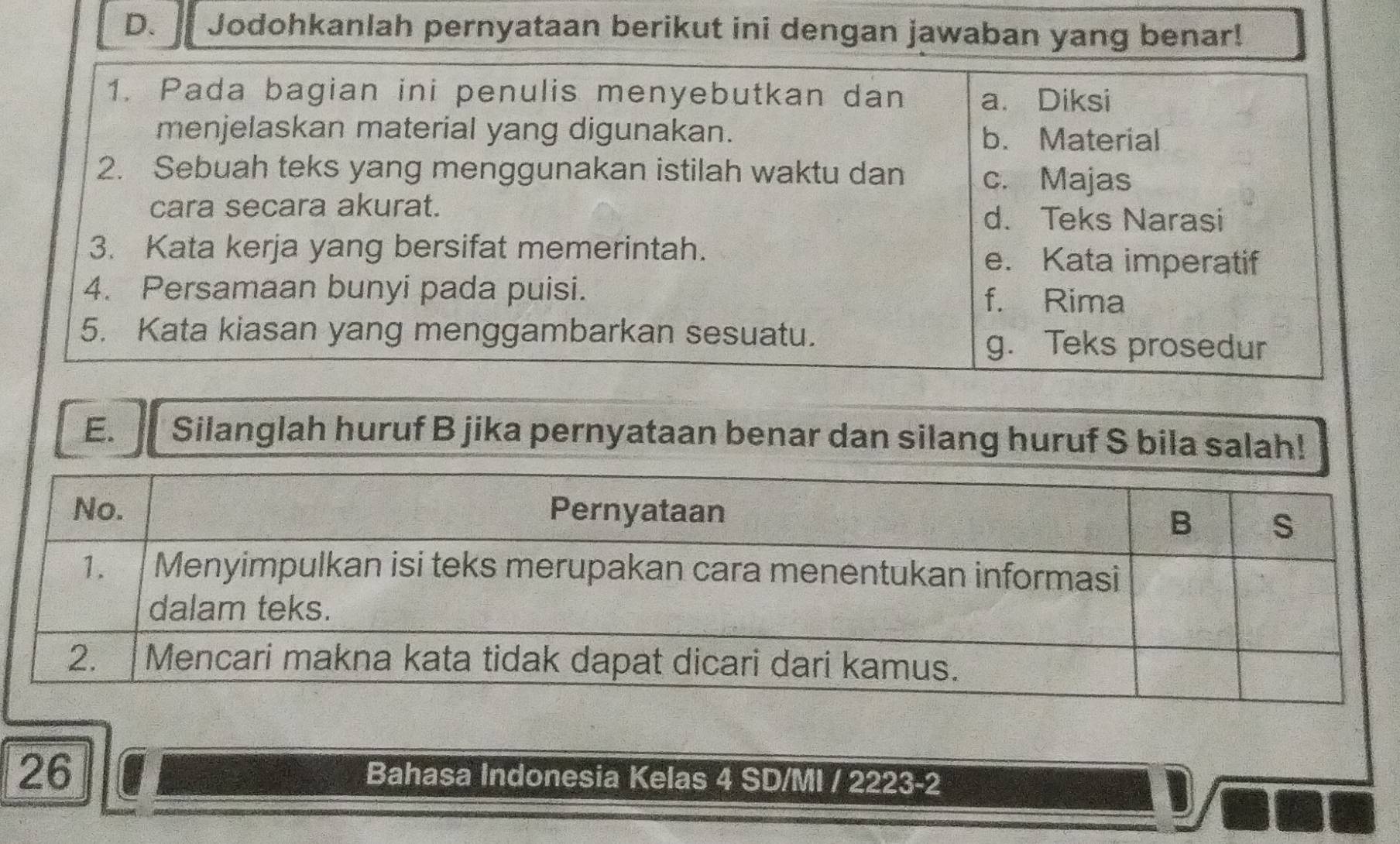 Jodohkanlah pernyataan berikut ini dengan jawaban yang benar! 
E. Silanglah huruf B jika pernyataan benar dan silang huruf S bila salah! 
26 
Bahasa Indonesia Kelas 4 SD/MI / 2223 -2