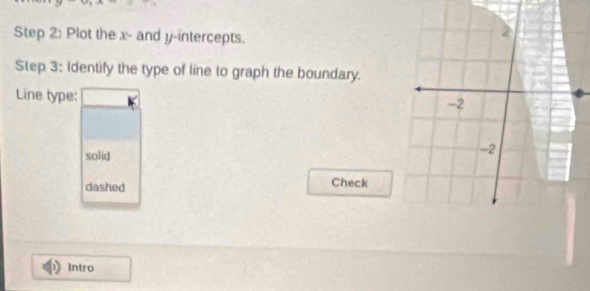 Plot the x - and y-intercepts.
Step 3: Identify the type of line to graph the boundary.
Line type:
solid
dashed Check
Intro