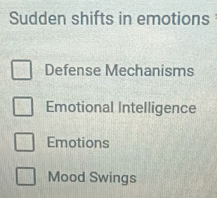 Sudden shifts in emotions
Defense Mechanisms
Emotional Intelligence
Emotions
Mood Swings