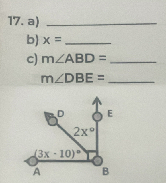 x= _
c) m∠ ABD= _
_ m∠ DBE=