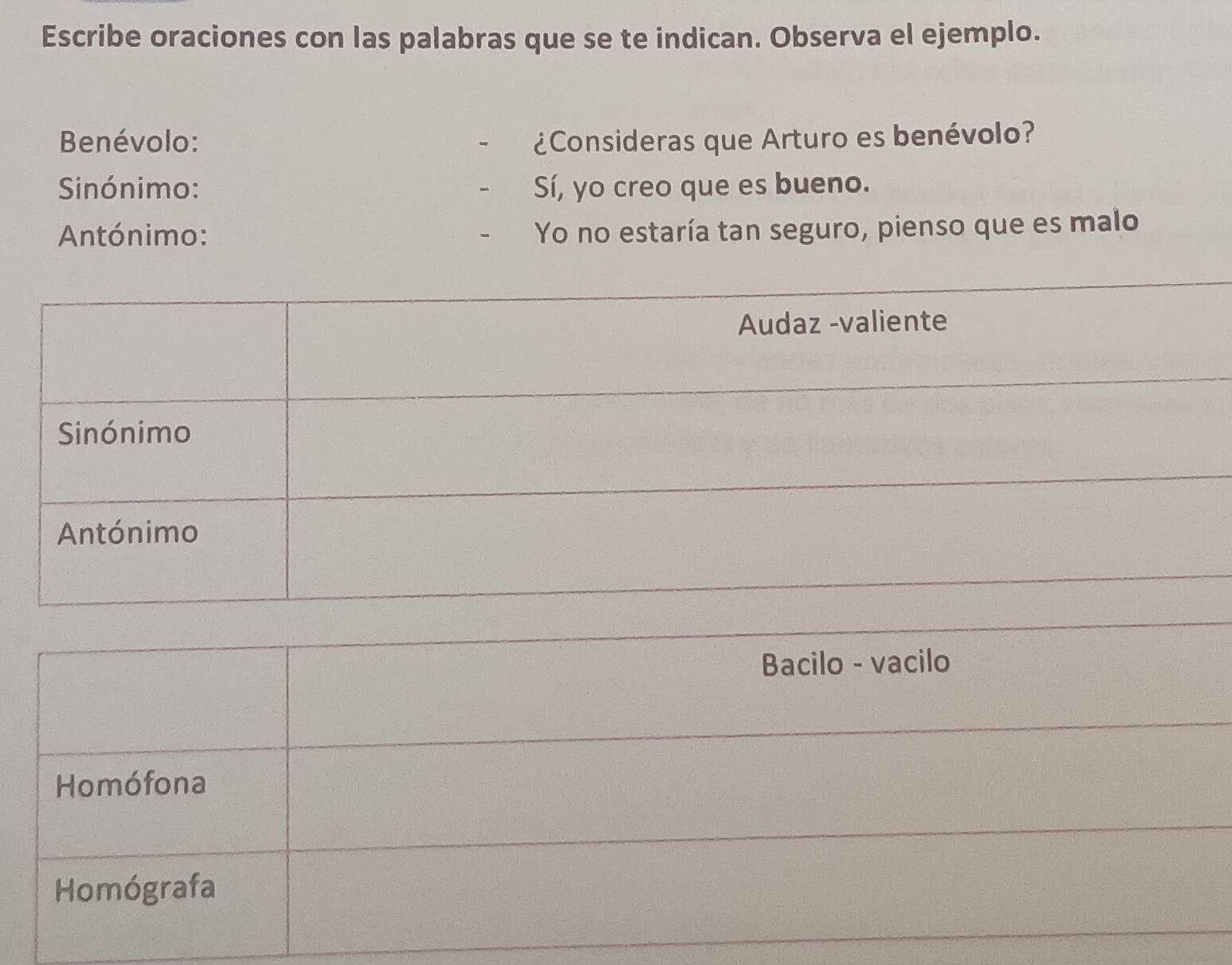 Escribe oraciones con las palabras que se te indican. Observa el ejemplo. 
Benévolo: ¿Consideras que Arturo es benévolo? 
Sinónimo: Sí, yo creo que es bueno. 
Antónimo: Yo no estaría tan seguro, pienso que es malo