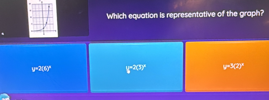 Which equation is representative of the graph?
y=2(6)^x
y=2(3)^x
y=3(2)^x