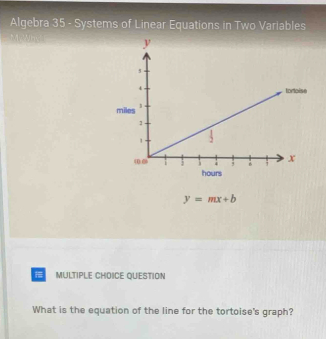 Algebra 35 - Systems of Linear Equations in Two Variables
miles
s
y=mx+b
MULTIPLE CHOICE QUESTION
What is the equation of the line for the tortoise's graph?