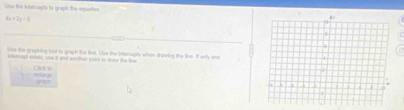 Use the intercepts to graph the equation
4x+2y=15
Use the graphing tool to craph the line. Use the intercepts when drawing the line. If only one 
intercept exsts, use it end another point to draw the line 
Click to 
entarge (]raph