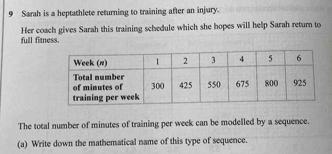 Sarah is a heptathlete returning to training after an injury. 
Her coach gives Sarah this training schedule which she hopes will help Sarah return to 
full fitness. 
The total number of minutes of training per week can be modelled by a sequence. 
(a) Write down the mathematical name of this type of sequence.